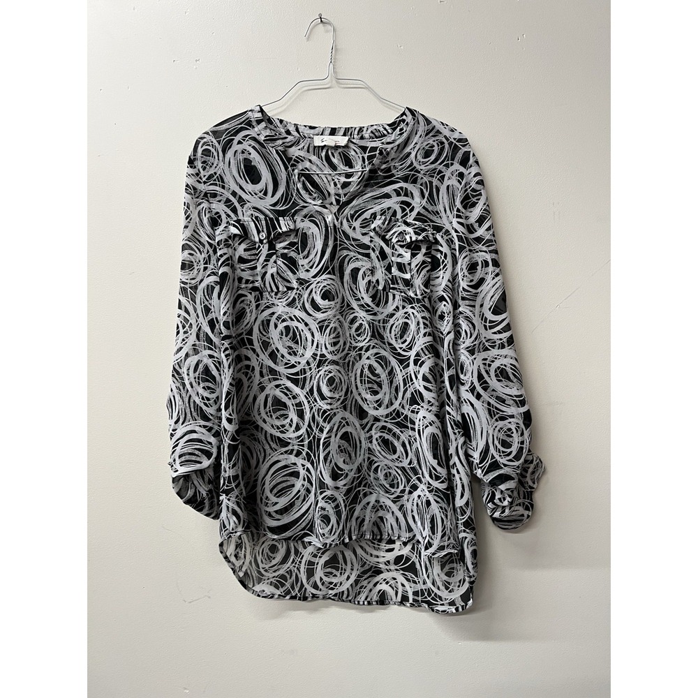 Two By Vince Camuto Anthropologie Black And White Swirl Abstract Blouse Large